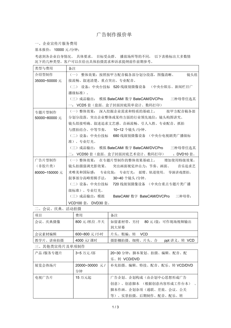 短视频拍摄制作报价单的简单介绍